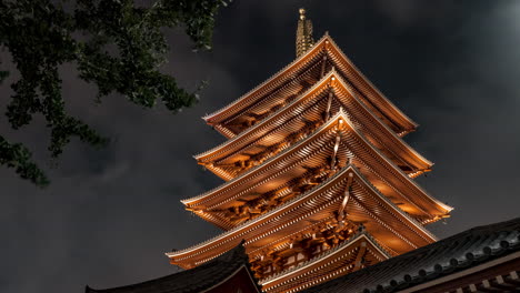 Beautiful-Ancient-Pagoda-At-Senso-Ji-Temple-At-Night-In-Asakusa,-Tokyo,-Japan
