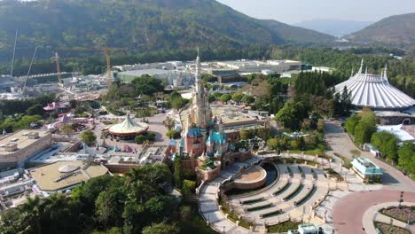 Disneyland-Hong-Kong-empty-and-closed-for-visitors-due-to-covid19-lockdown-guidelines,-Aerial-view