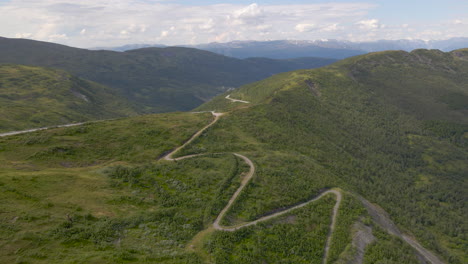 Winding-overpass-of-the-VikaFjell-Mountains-in-Norway--Aerial