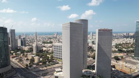 Aerial-view-around-the-Azrieli-Center,-in-Tel-Aviv,-during-Yom-Kippur---circling,-drone-shot
