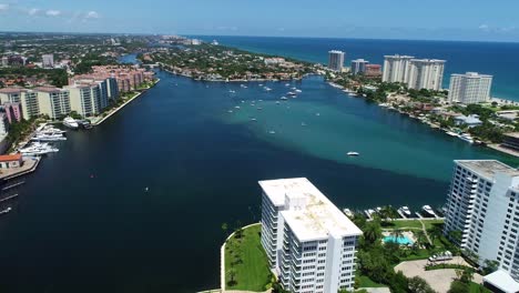 Boca-Raton,-Florida-USA---8-30-2021:-Drone-pan-across-the-prestigious-Lake-Boca-Raton