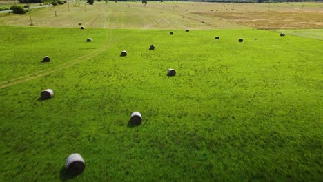 Aerial-view-hay-bales-in-the-green-agriculture-field,-bailed-hay-drying-on-ranch-land,-the-straw-is-compressed-into-roles,-sunny-summer-day,-wide-revealing-drone-shot-moving-forward