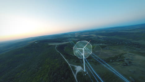 Aerial-fpv-shot-of-wind-turbines-with-streamlines-connected-windmills-on-rural-fields-in-nature