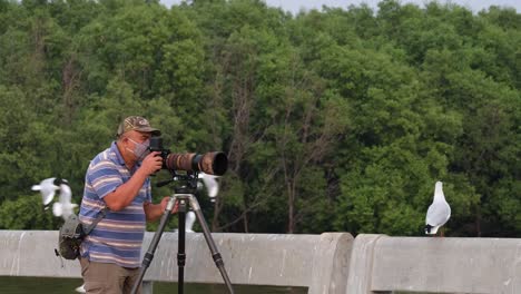 Hombre-Mirando-A-Su-Cámara-Con-Su-Máscara-Tomando-Fotografías-De-Gaviotas-En-El-Centro-Recreativo-De-Bang-Pu,-Tailandia,-Retrocede-Y-Vuelve-A-Disparar