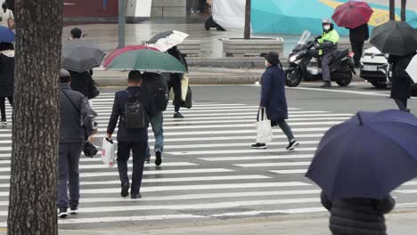 Pedestrians-With-Umbrella-Crossing-The-Road-On-A-Rainy-Day-In-Seoul,-South-Korea