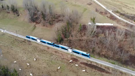 Aerial:-blue-rack-train-in-the-Pyrenees-mountains-passing-by-meadows