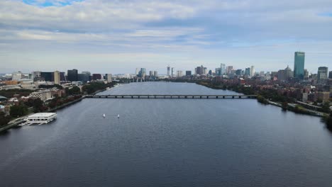 Aerial-drone-view-towards-the-Harvard-Bridge-on-he-Charles-River-in-Boston,-USA
