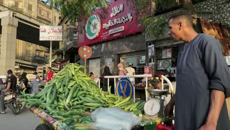 Egyptian-man-in-traditional-clothing-selling-produce-in-the-historic-Khan-el-Khalili-souk,-Cairo,-Egypt