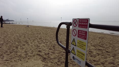Signage-no-dogs-on-beach-,-pan-to-person-walking-dog-,-leigh-on-Sea-Essex-UK