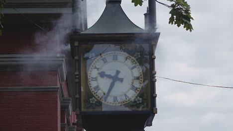 Gastown-steam-clock-in-Vancouver-BC-medium-tight-panning-down-steam-coming-out-from-pipes-on-top-of-metal-clock