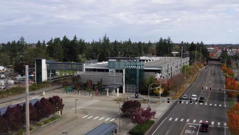 Lakewood-Station---commuter-rail-station-along-Pacific-Highway-Southwest-Lakewood,-Washington,-United-States---aerial-drone-shot
