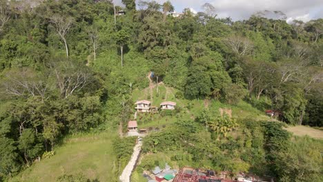 Vista-Aérea-De-Una-Casa-Cerca-De-Un-Montón-De-árboles-Verdes-En-La-Playa-Dominical-En-Costa-Rica,-Seguimiento-De-Tiro-Ancho