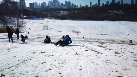 Funny-wide-shot-of-toboganners-going-backwards-down-the-hill-at-Riverdale-Park