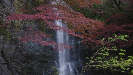Autumn-in-the-mountains-of-Japan,-Waterfall-Cascades-down-cliff-in-Autumn
