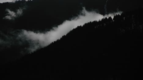 Die-Nach-Oben-Geneigte-Aufnahme-Einer-Epischen,-Stimmungsvollen-Berglandschaft-Mit-Nebel-Und-Einem-Kiefernwald-Im-Schatten-Und-Schneebedeckten-Berggipfeln