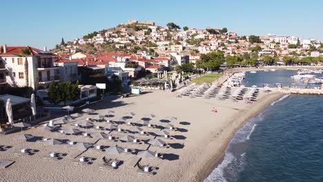 Astros-Beach-and-Old-Castle-in-Peloponnese,-Greece---Aerial