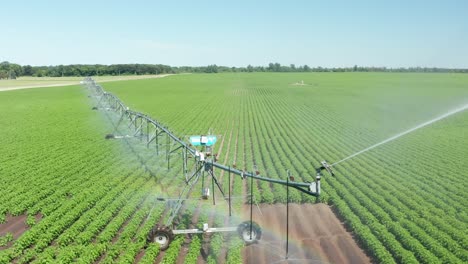 End-gun-of-center-pivot-irrigation-sprinklers-watering-agriculture-crops,-rainbow-forming-on-sunny-summer-day