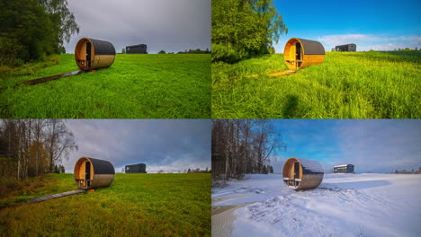 Time-lapse-shot-of-barrel-sauna-on-meadow-in-four-different-seasons-with-sunrise-and-sunset
