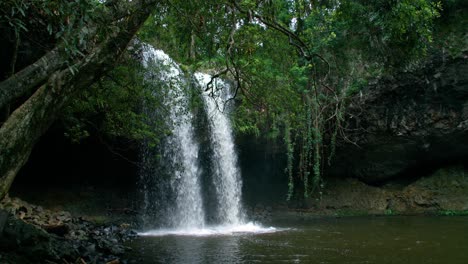 Rainforest-With-Killen-Waterfalls-Cascading-Over-Ledge-Near-Bryon-Bay,-New-South-Wales,-Australia