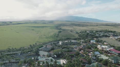 Aerial-drone-view---Complex-of-buildings-in-the-Paia-region-on-the-island-of-Maui,-Hawaii,-USA