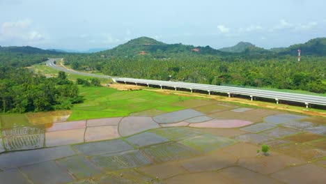 Expressway-drone-footage-transportation-industry-economy-development-roods-through-forest-transport-and-travel-highway-paddy-field-Sri-Lanka
