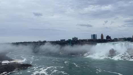 Niagara-river-and-Falls-with-the-Rainbow-bridge-as-backdrop,-on-the-USA-x-Canada-border-line
