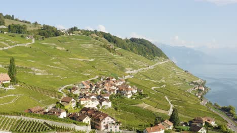 Overflying-typical-village--in-Lavaux-vineyard---Switzerland