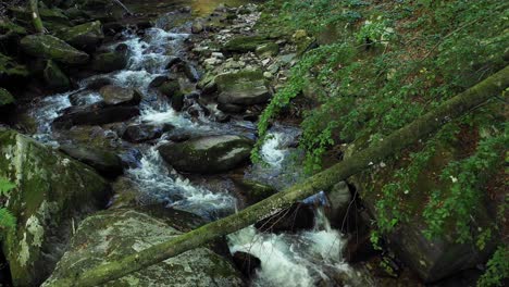 Drone-flzing-above-Mountain-river,-rocks-and-boulders-in-forest,-Bistriski-Vintgar-gorge-on-Pohorje,-Slovenia,-hiking-and-outdoor-tourism-landmark,-ecology-clean-water-concept,-natural-resources