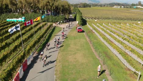 Slowmo---Aerial---From-behind---Bikers-finishing-their-race-with-mountains-in-the-background-at-a-winery-in-Marlborough,-New-Zealand