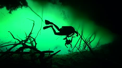Silhouette-divers-in-cenote