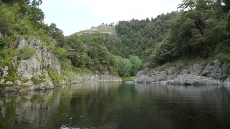 SLOWMO---Beautiful-pristine-blue-clear-Pelorus-river,-New-Zealand-with-rocks-and-native-lush-forrest-in-background