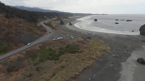 Aerial-of-travel-trailer-along-the-beautiful-islands-on-the-Oregon-coastline