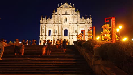 Macau-China---Circa-Time-lapse-of-a-lit-up-St-Paul-Church-Ruins-at-night-in-Macau,-China