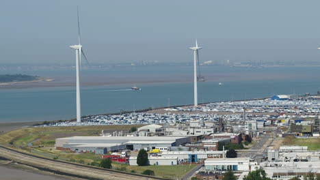 HD-Crop-of-Wind-turbines-and-infrastructure-at-Sheerness-Docks,-on-the-isle-of-Sheppey,-Kent,-UK