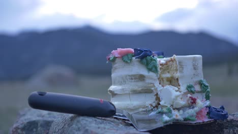 Pretty-wedding-cake-with-a-slice-cut-out-plated-on-top-of-a-boulder-in-the-mountains