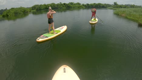 Eine-Aufnahme-Aus-Der-Perspektive-Eines-Mannes,-Der-Mit-Anderen-Stand-Up-Paddlern-Auf-Einem-Stand-Up-Paddle-Board-Auf-Dem-Nil-Paddelt