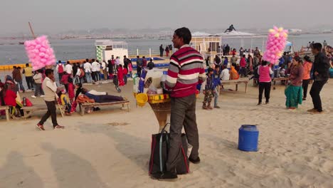 People-selling-food-and-cotton-candy-on-stall-during-kumbh-mela-Festival-2019