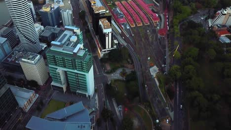 Top-down-view-of-Brisbane-city-Roma-street-and-train-station-in-the-morning