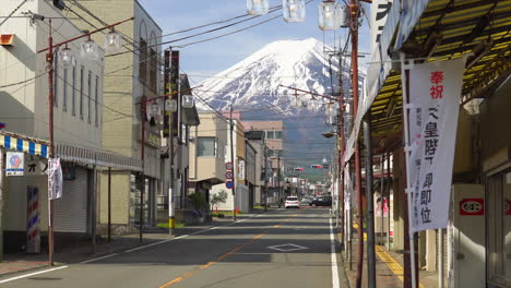View-of-Mount-Fuji-from-the-streets-of-Fujiyoshida,-Japan