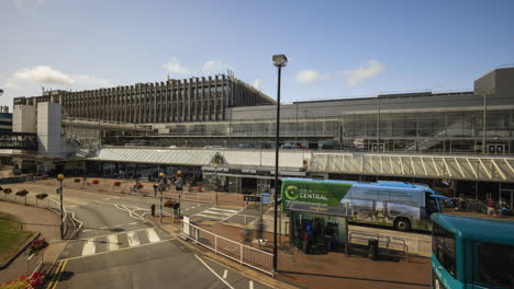 Time-Lapse-of-traffic-with-people-as-passengers-walking-at-Dublin-airport-flight-zone-terminal-in-Ireland