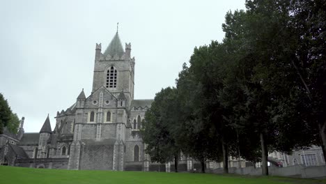 Alte-Christ-Church-Kathedrale-In-Der-Stadt-Dublin-An-Einem-Regnerischen-Tag-Mit-Bäumen-Im-Vordergrund