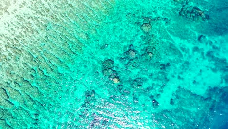 Wunderschöne-Türkisfarbene-Lagune-Mit-Korallenriffen-Und-Felsen-Am-Meeresboden-Unter-Kristallklarem,-Smaragdgrünem-Wasser,-Das-Das-Sonnenlicht-Reflektiert,-Seychellen