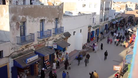 Looking-down-on-a-shopping-area-in-Essaouira,-Morocco-during-the-daytime