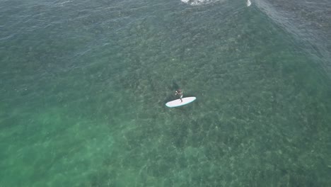 Ocean-aerial:-Stand-up-paddleboard-in-shallow-water-on-sunny-day