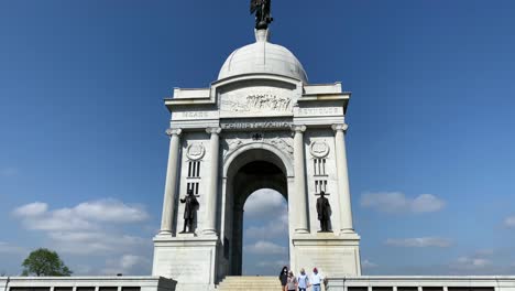 Tilt-up-of-tourists-at-the-Pennsylvania-Monument-on-American-Civil-War-battlefield