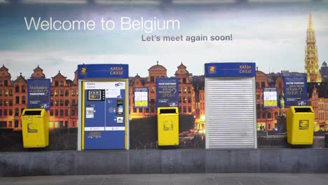Closed-cashier-cage-at-the-arrival-terminal,-Brussels-Airport-in-Belgium-due-to-Corona-Virus-restrictions