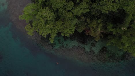 Spinning-drone-shot-of-a-young-tourist-swimming-alone-along-the-coast-of-a-small-island-on-the-surface