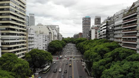 Aerial-shot-showing-many-traffic-on-wide-main-road-avenida-del-libertador-in-Buenos-Aires,Argentinia