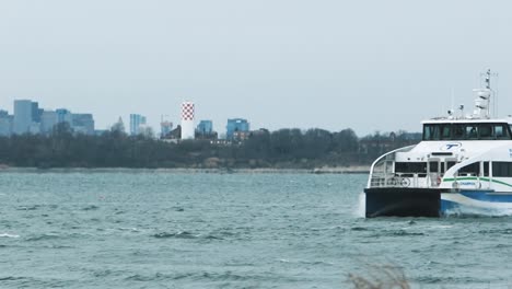 MBTA-Boat-Cruising-Across-Hull-Bay-And-Hingham-Harbor-In-Massachusetts---wide-shot