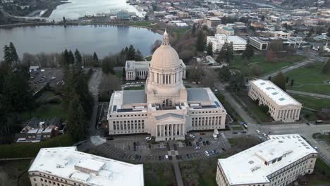 Governor-Inslee-locked-down-the-state-capitol-building-due-to-threats,-aerial-orbit